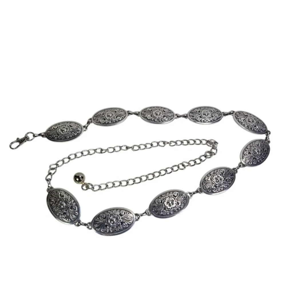 Concho‎ Western Chain Belt Antique Silver Tone Flower Pattern Womens Adjustable